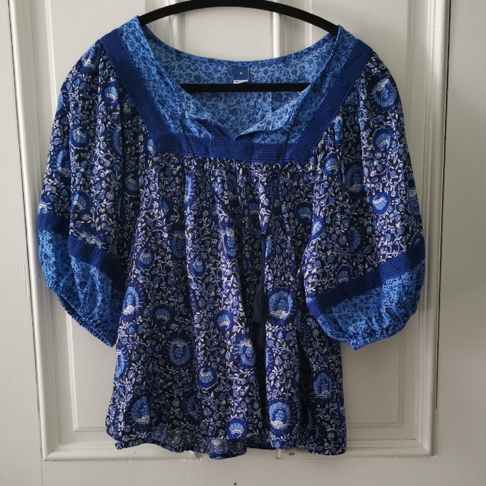 Blue Floral Boho Peasant Top - Women's Blue Patterned Blouse